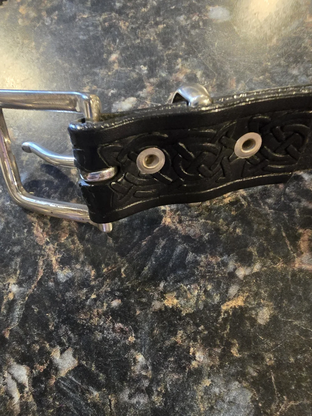 Made in Ireland Celtic Knot Bonded Leather Belt XL Silver Buckle Black